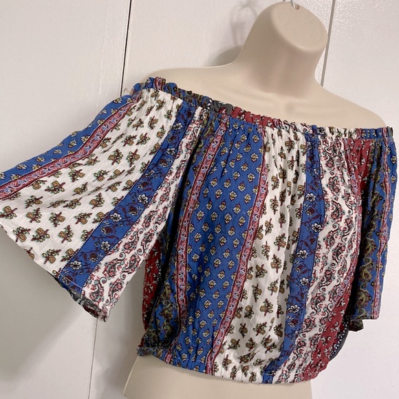 BLEUH CIEL On or Off Shoulder Short Sleeve Boho Bohemian Blouse Womans Medium - Picture 2 of 12